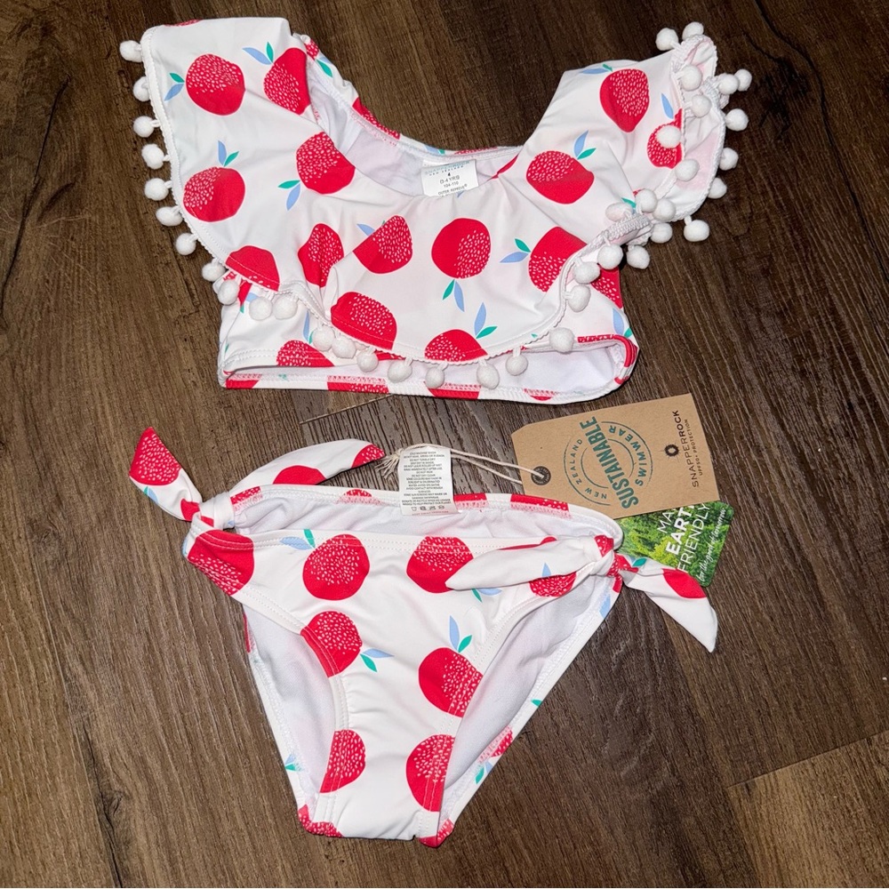 NWT Snapper Rock Girls White Fruit Pattern Flounce Two Piece Swim Bikini Set